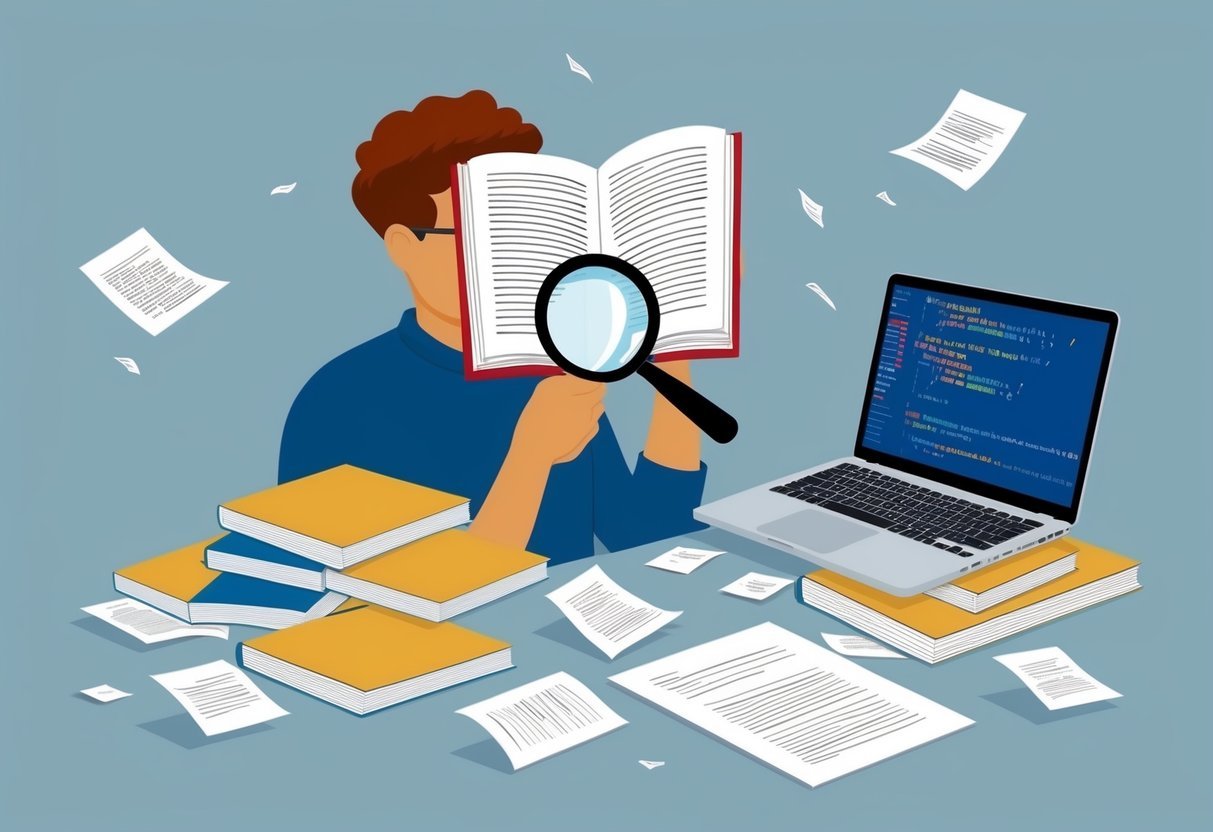 A person reading a book with a magnifying glass, surrounded by scattered papers and a laptop with code on the screen