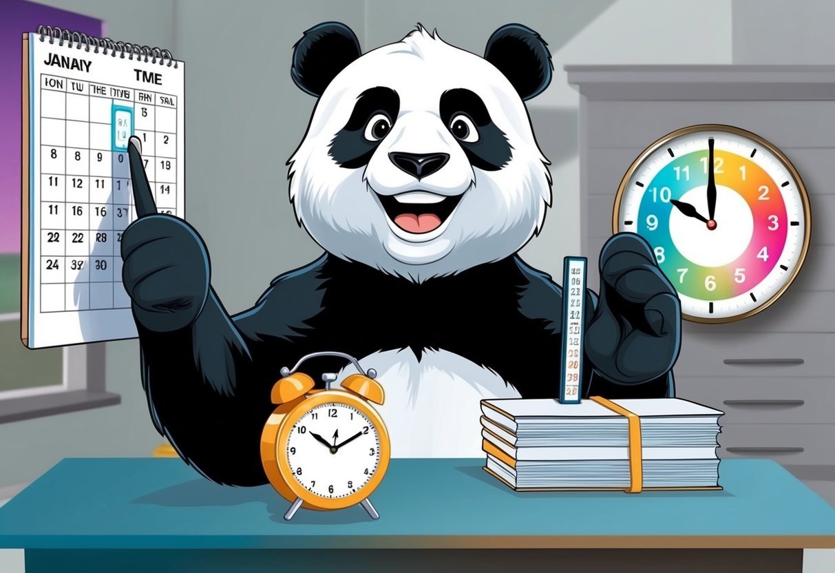 A panda mascot using a calendar and clock to demonstrate date and time manipulation methods