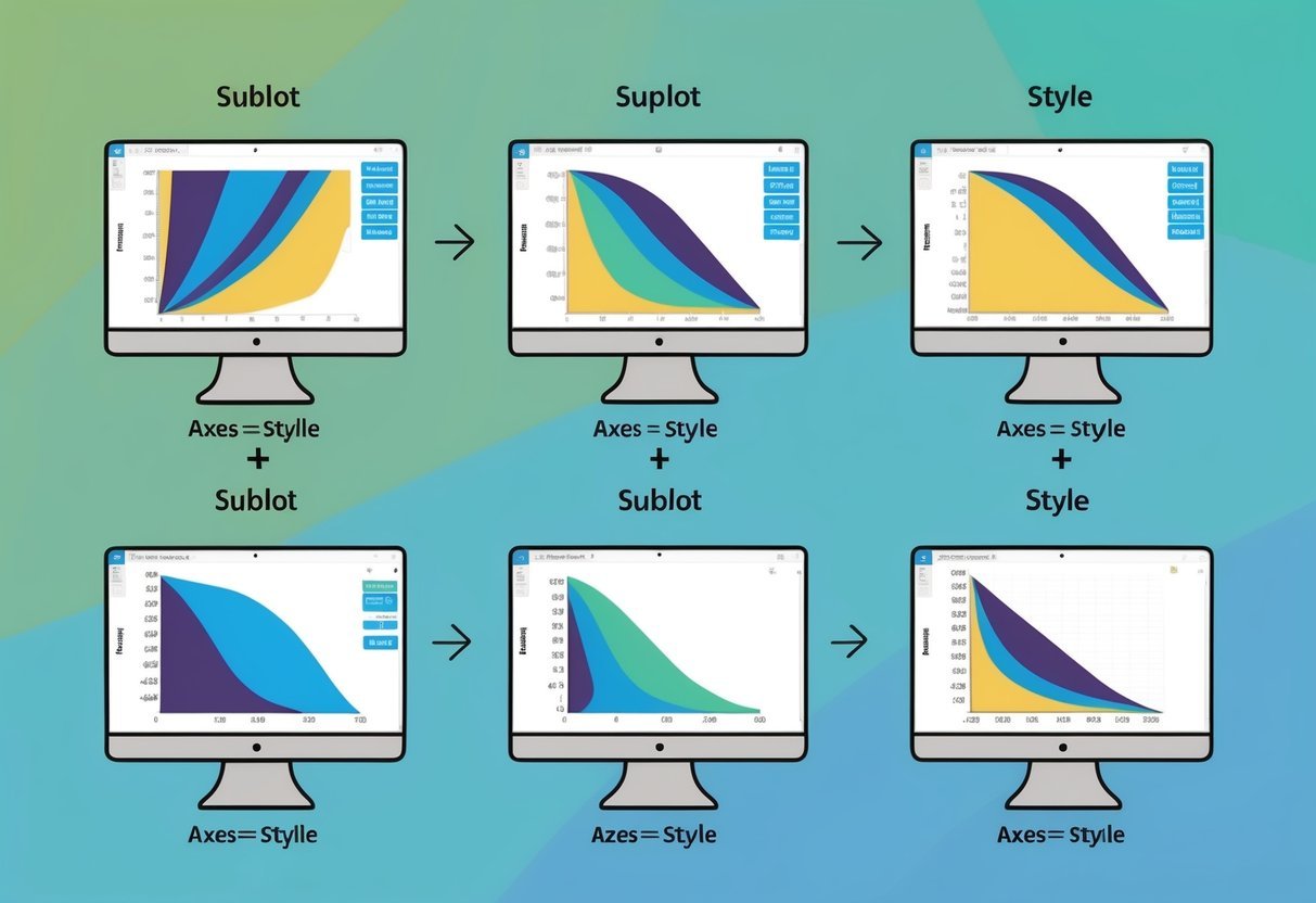 Multiple subplots with different axes and styles, showcasing the use of various colors and patterns in a Matplotlib learning environment