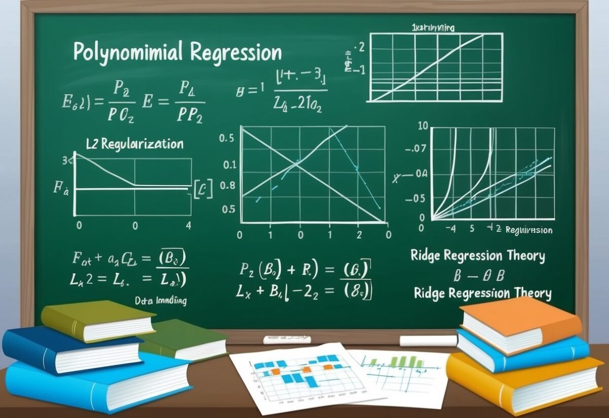 A chalkboard filled with equations and graphs related to polynomial regression and L2 regularization, surrounded by books and papers on data handling and ridge regression theory