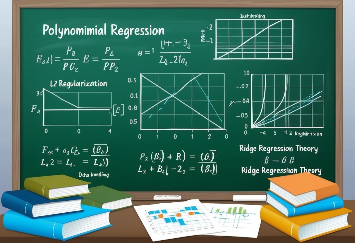 A chalkboard filled with equations and graphs related to polynomial regression and L2 regularization, surrounded by books and papers on data handling and ridge regression theory