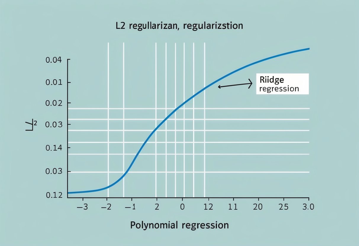 A graph with a curved line representing polynomial regression, with a smaller, smoother line overlaying it to depict the L2 regularization and ridge regression