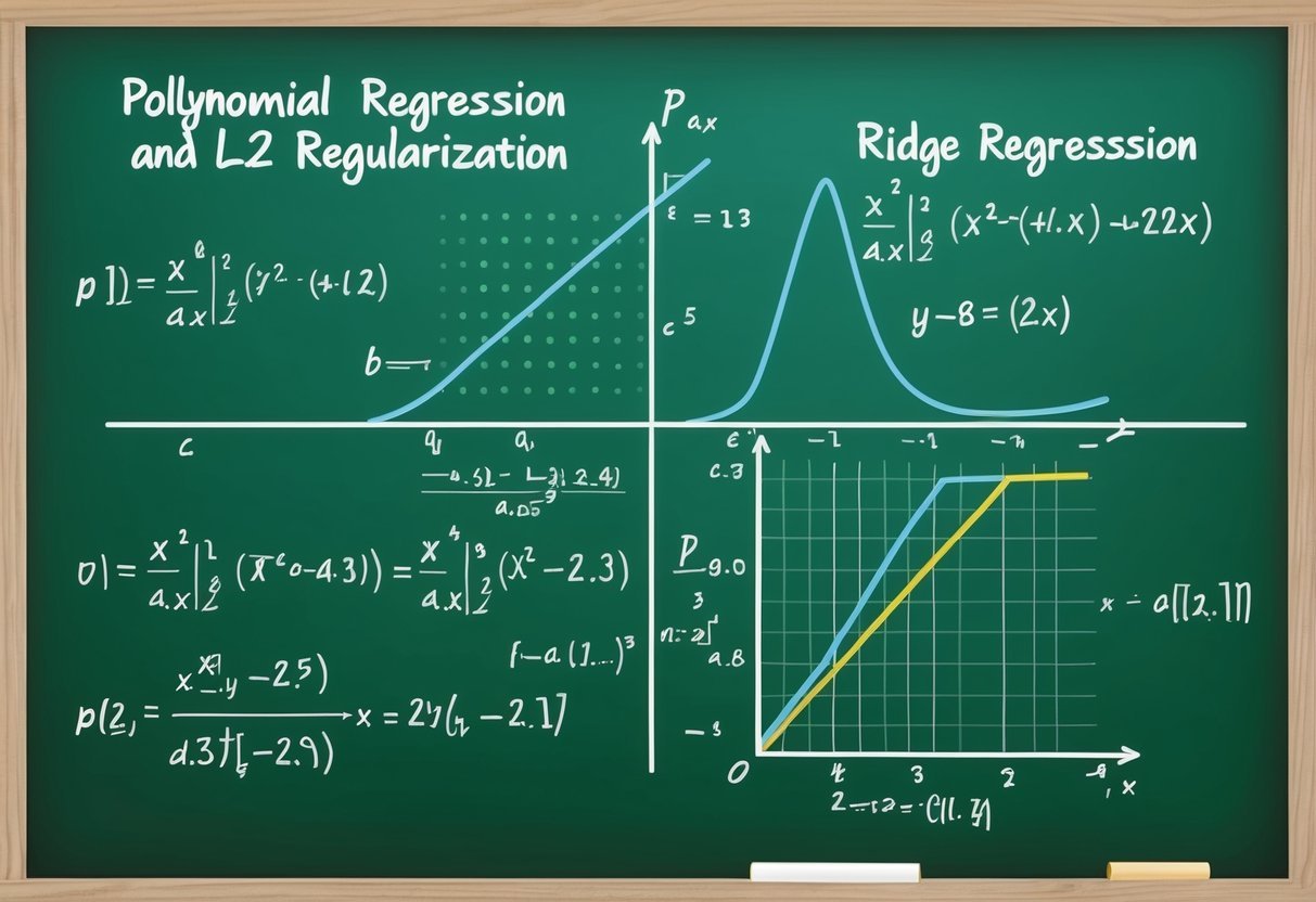 A chalkboard filled with equations and graphs related to polynomial regression and L2 regularization, with a focus on ridge regression theory