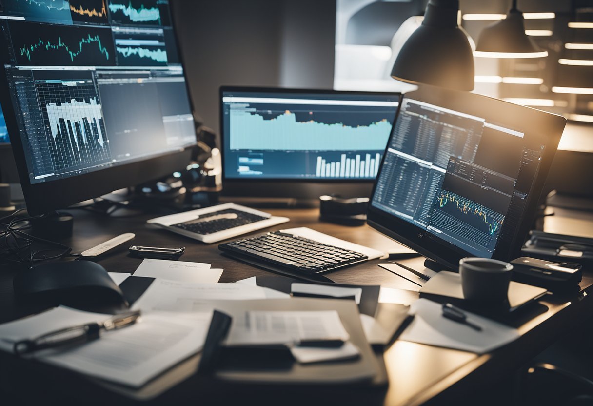 A person sitting at a desk, surrounded by computer screens and papers, studying a table of key measures for DAX