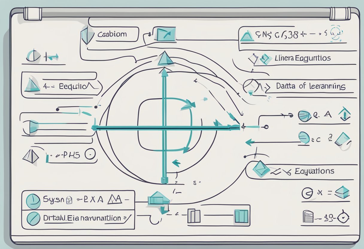 A whiteboard with intersecting lines and arrows, labeled "Systems of Linear Equations" and "Learning Linear Algebra for Data Science – Vectors."