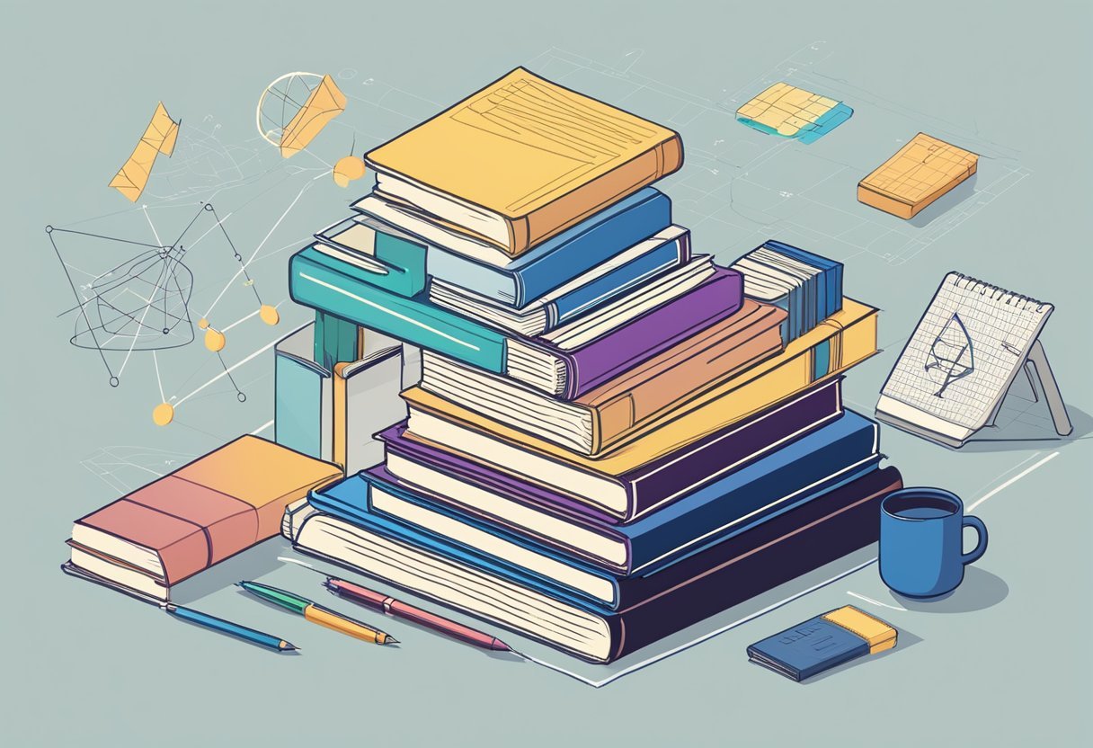 A stack of books on linear algebra with a computer and notebook, surrounded by mathematical symbols and vector diagrams