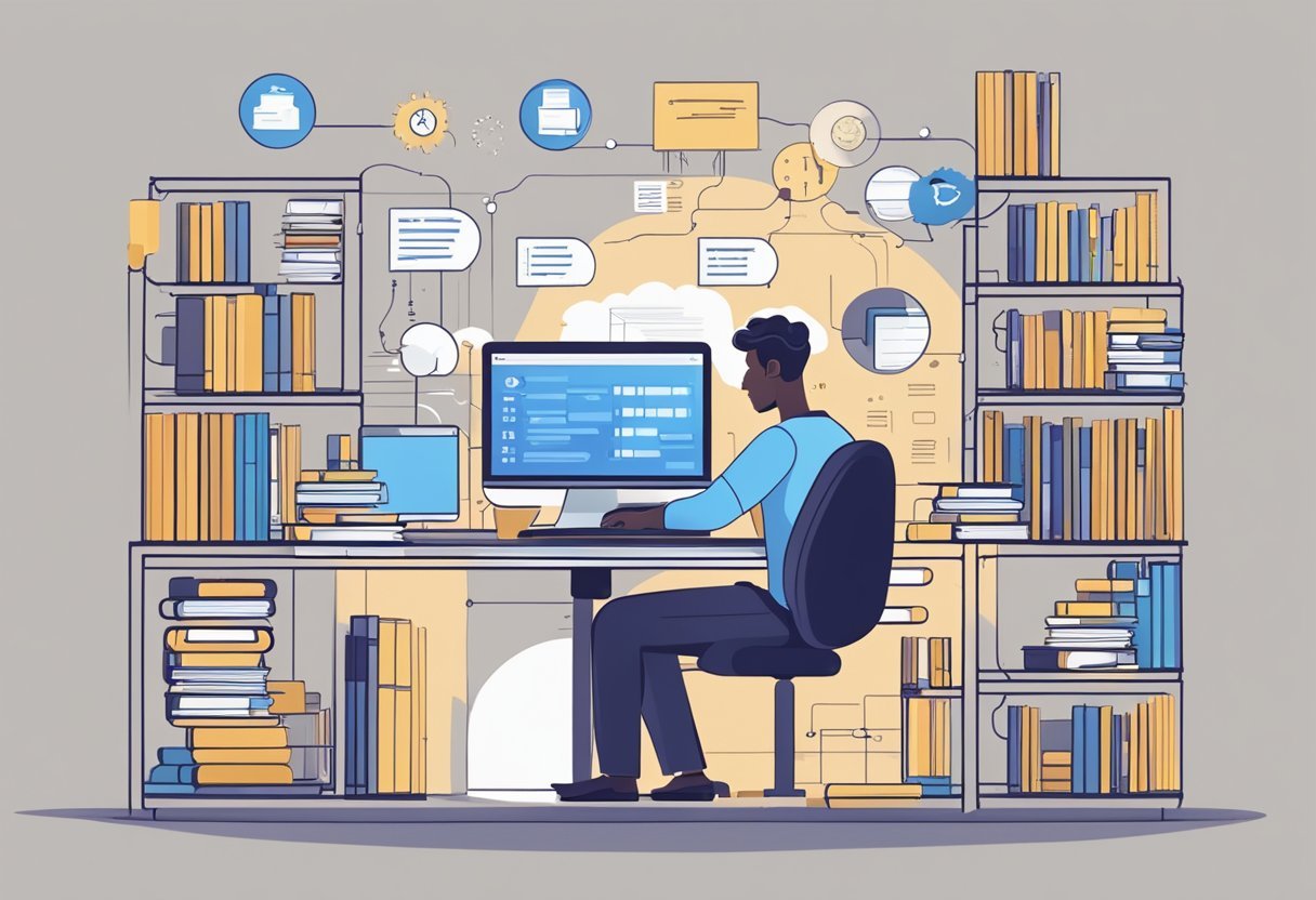 A person working on a computer, writing SQL code, surrounded by books on database design and management best practices