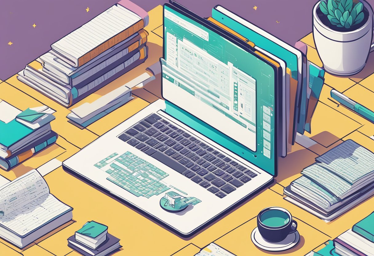 A laptop displaying a Pandas code editor with a dataset, surrounded by books on data science and a notebook with handwritten notes