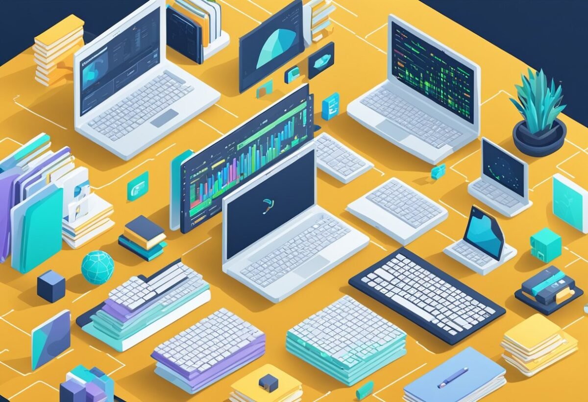 A laptop displaying a code editor with a Python script open, surrounded by open books on data science and pandas