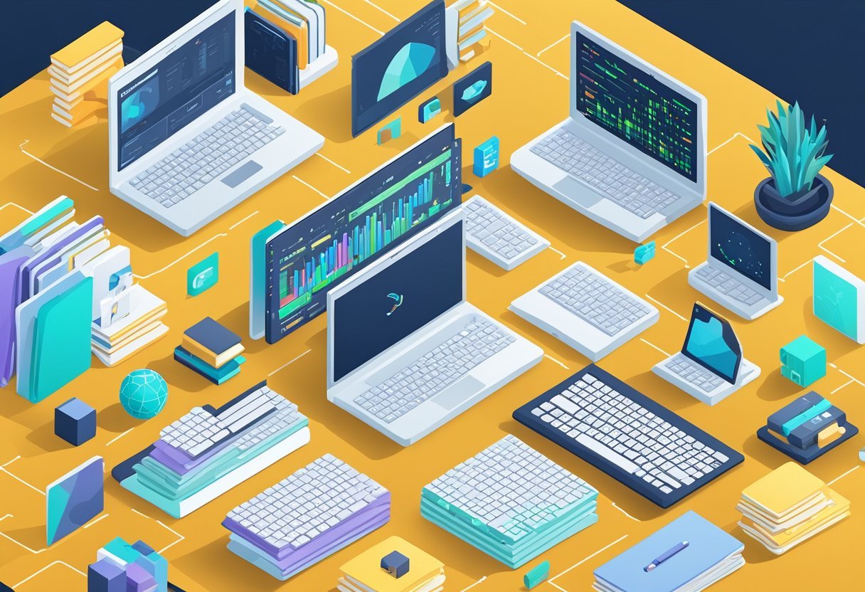 A laptop displaying a code editor with a Python script open, surrounded by open books on data science and pandas