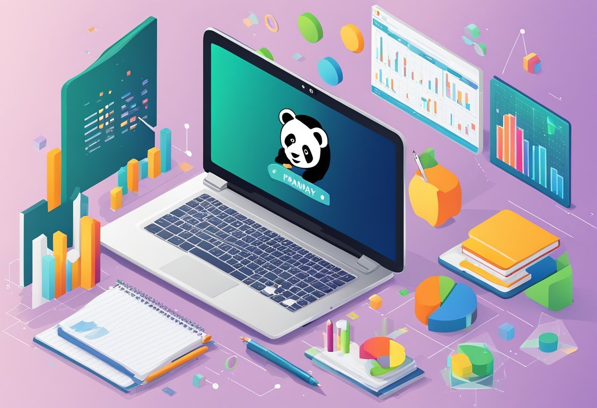 A laptop displaying a Pandas library tutorial, with a notebook and pen nearby, surrounded by data charts and graphs