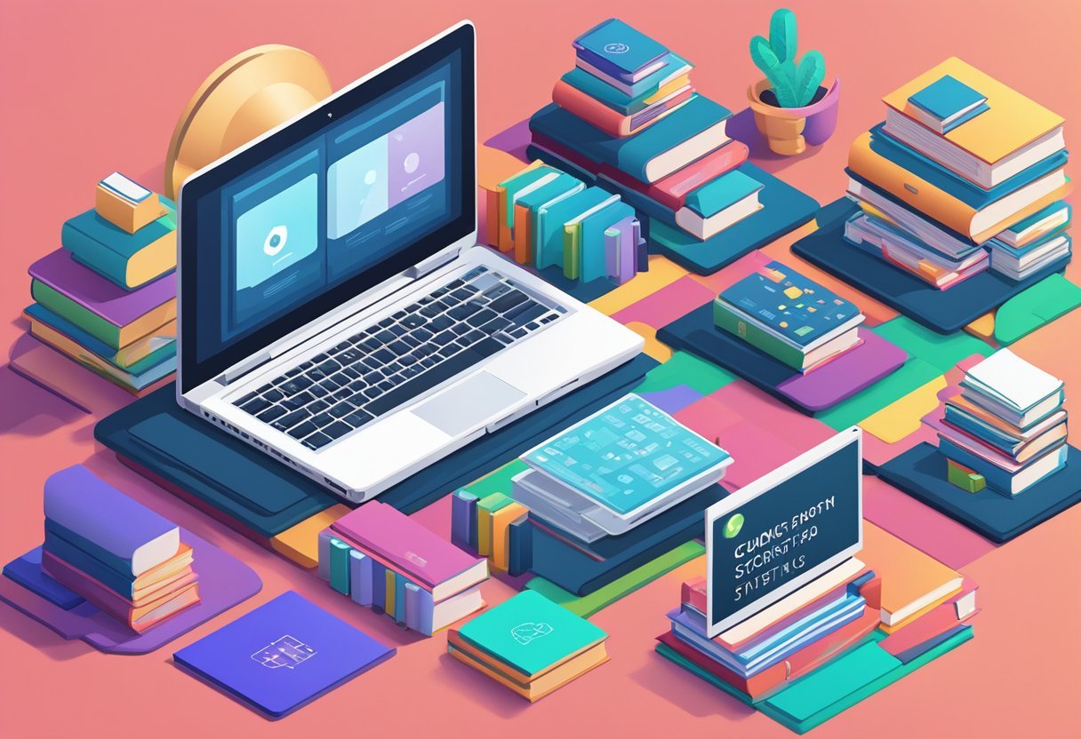 A laptop displaying code with pandas library, surrounded by books on data science and statistics