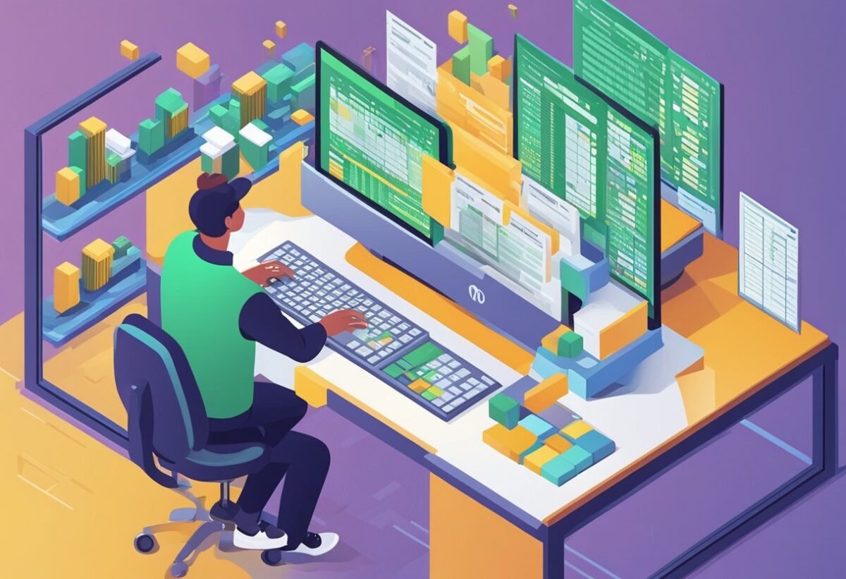 A person using a computer to manipulate data in a spreadsheet using Python's Pandas library