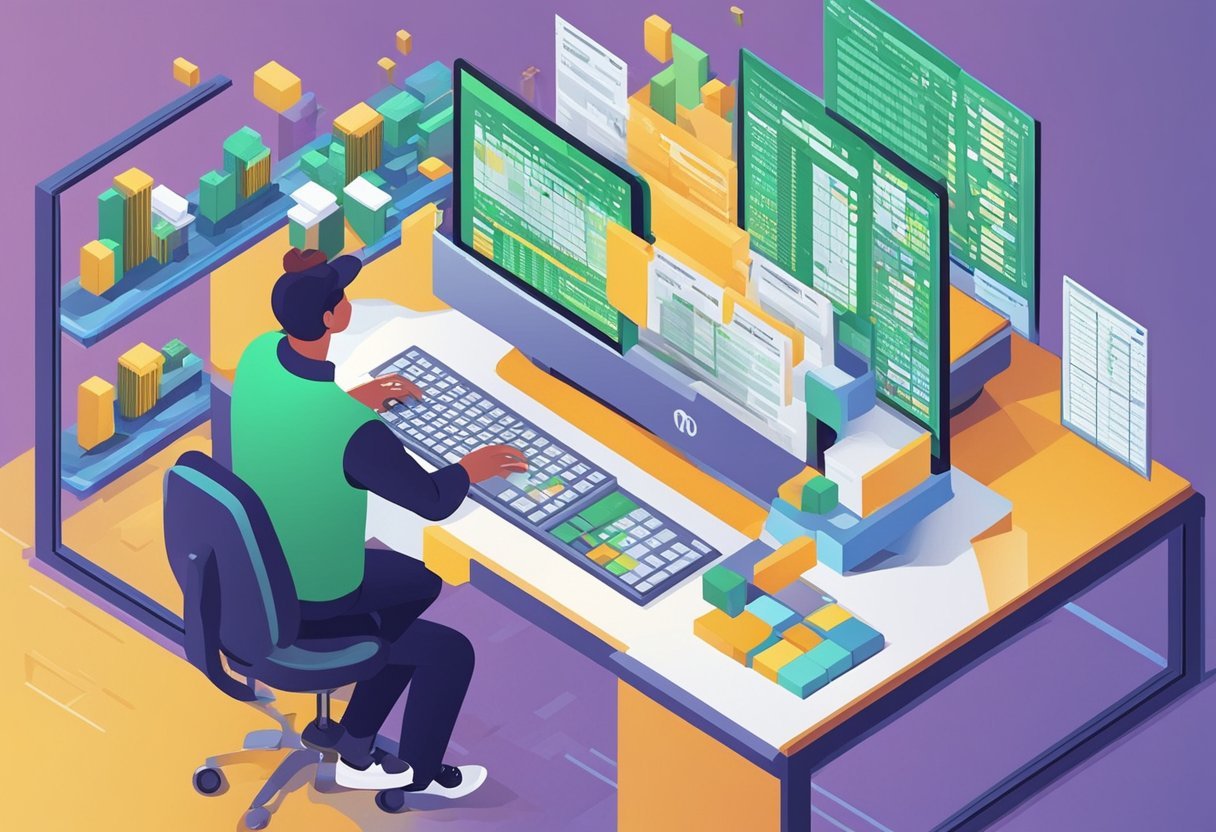A person using a computer to manipulate data in a spreadsheet using Python's Pandas library
