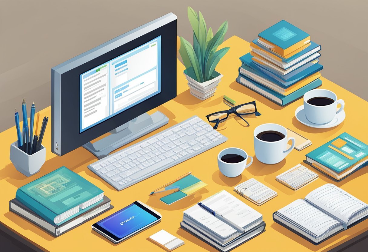 A computer screen displaying a program interface with data import functions, surrounded by notebooks, pens, and a cup of coffee