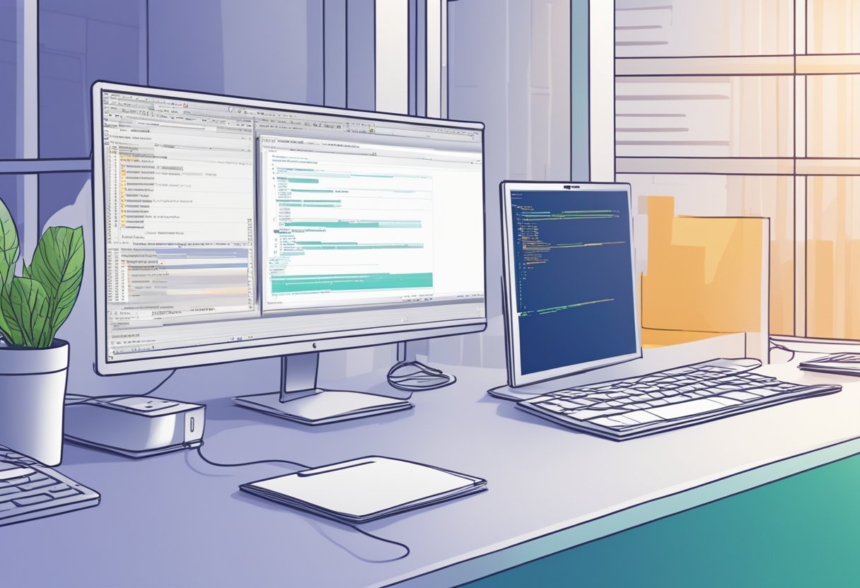 A computer screen displaying a T-SQL code editor with a database schema diagram in the background