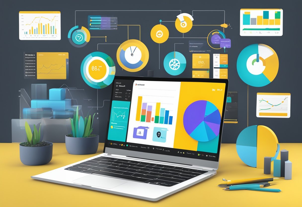 A laptop displaying a Power BI dashboard with DAX formulas, surrounded by optimization tools and charts
