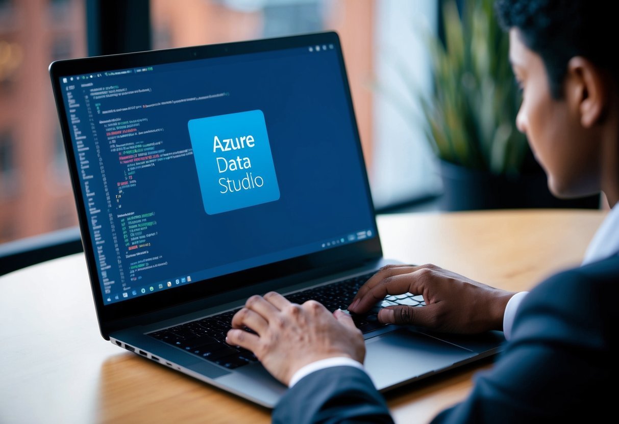 A person typing on a laptop with Azure Data Studio open, writing and managing SQL code