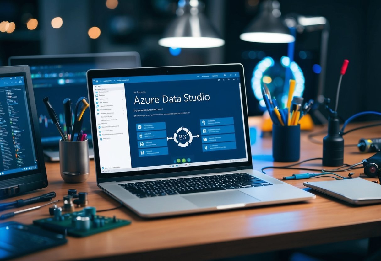 A laptop displaying Azure Data Studio with performance tuning and optimization settings open, surrounded by various technical tools and equipment