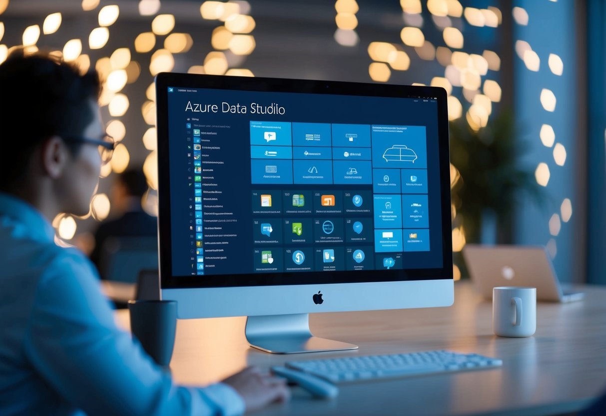 A computer screen displaying Azure Data Studio with multiple integrated applications and advanced use cases