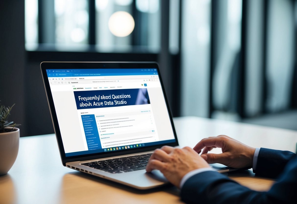 A laptop open to a webpage with the title "Frequently Asked Questions about Azure Data Studio" displayed
