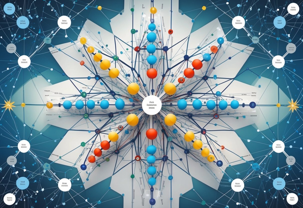 A network of interconnected nodes forming a star and snowflake pattern, with various data points and relationships represented