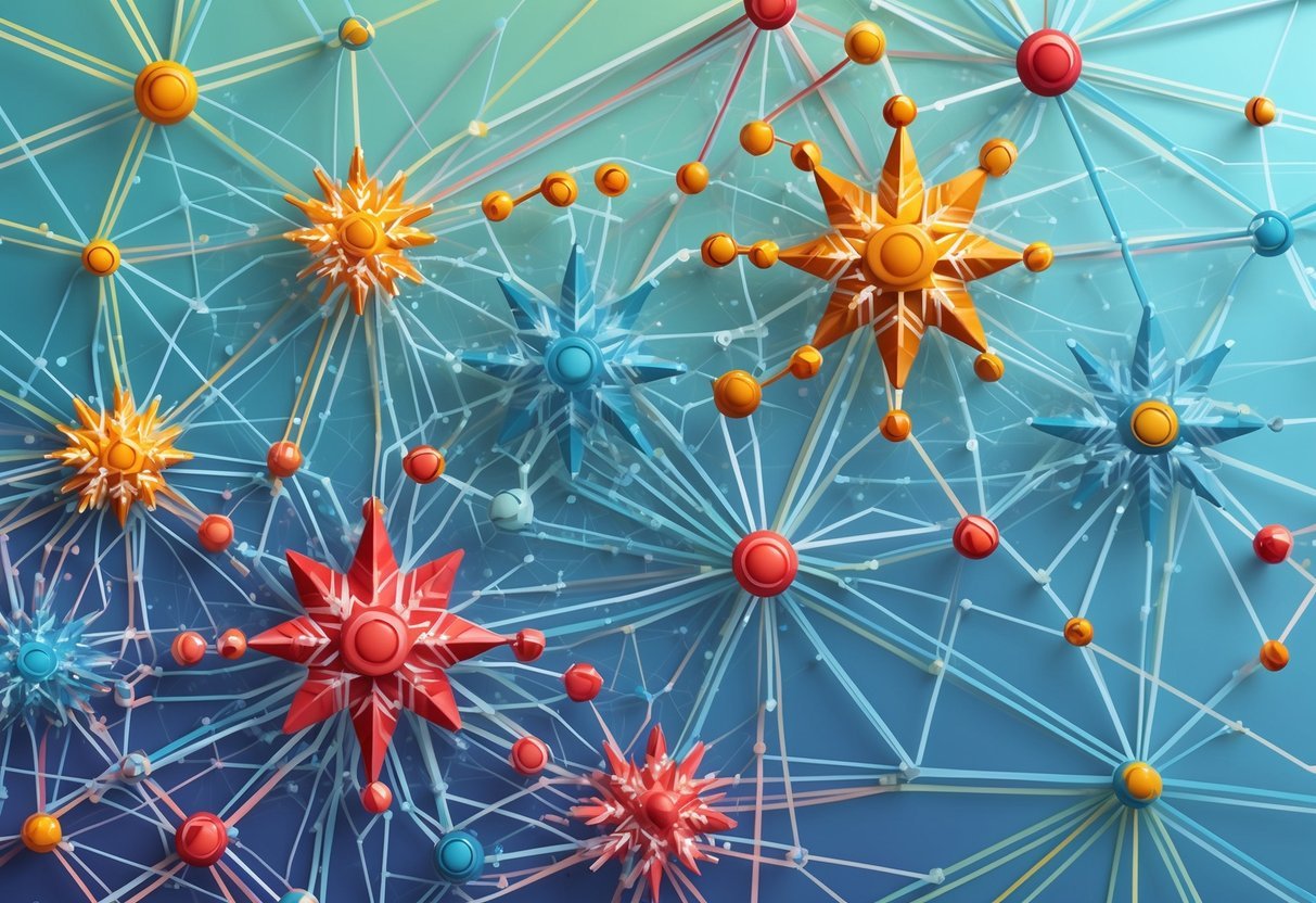 A web of interconnected nodes representing data relationships in star and snowflake schemas