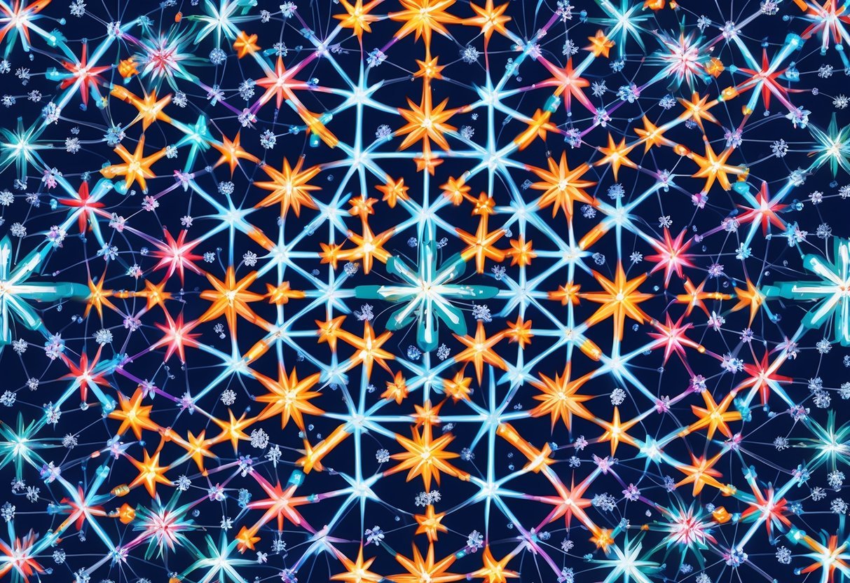 A complex network of interconnected nodes forming star and snowflake patterns