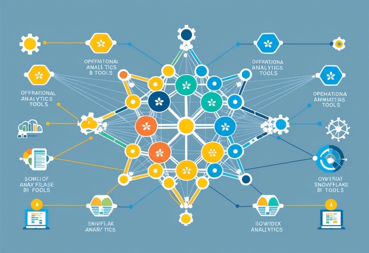 A network of interconnected nodes representing star and snowflake schemas, with data flowing through various operational analytics and BI tools