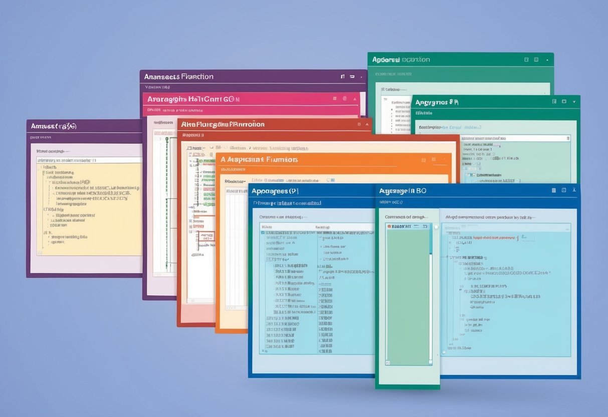 A series of overlapping windows with varying sizes and shapes, each containing different aggregate functions and SQL code