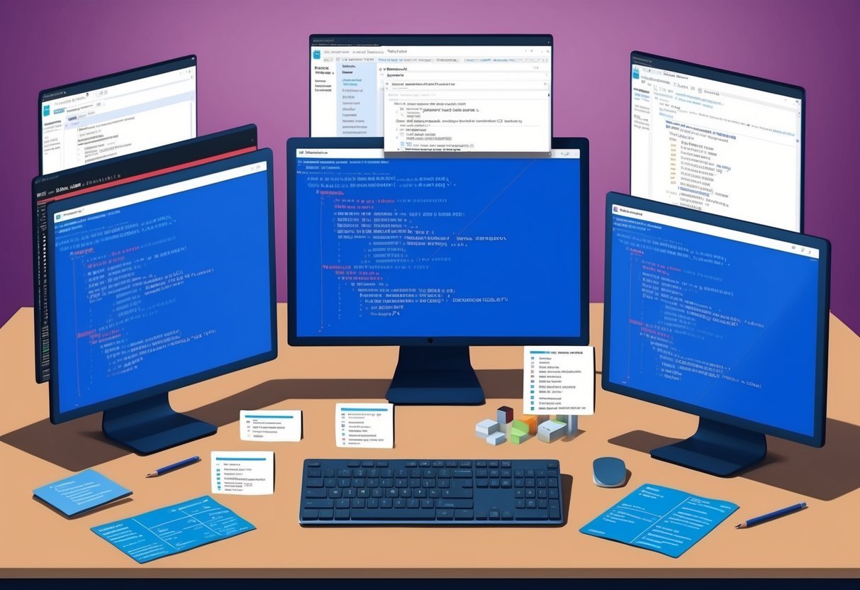 Multiple windows with complex SQL queries and results displayed. Functions and code snippets scattered on a desk