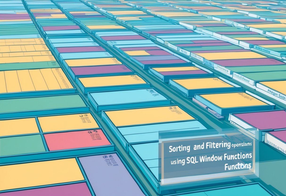 Data tables with various columns and rows, highlighting sorting and filtering operations using SQL window functions