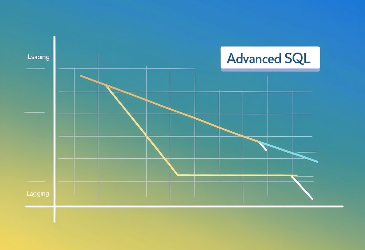 A graph with two lines, one leading and one lagging, representing advanced SQL functions for data analysis