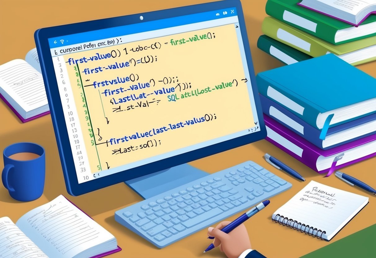 A computer screen displaying SQL code with the First_Value() and Last_Value() functions highlighted, surrounded by open reference books and a notepad with handwritten notes