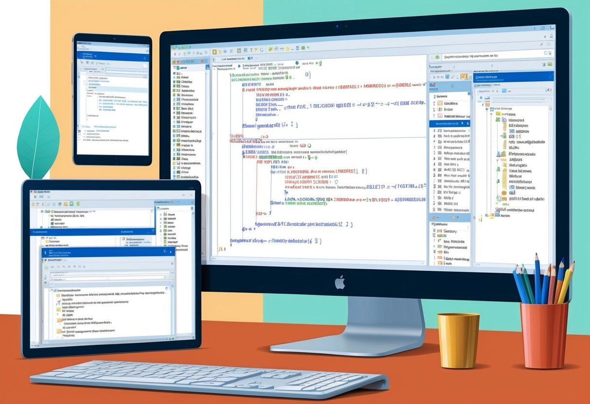 A computer screen displaying complex SQL code with multiple windows open, showcasing advanced analytic functions and data manipulation