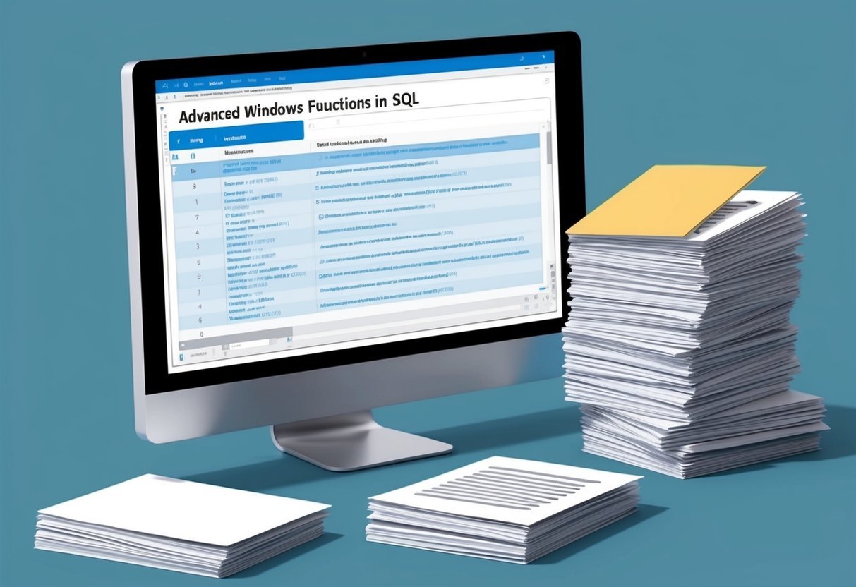 A computer screen displaying a webpage with a list of advanced Windows functions in SQL, surrounded by a stack of FAQ documents