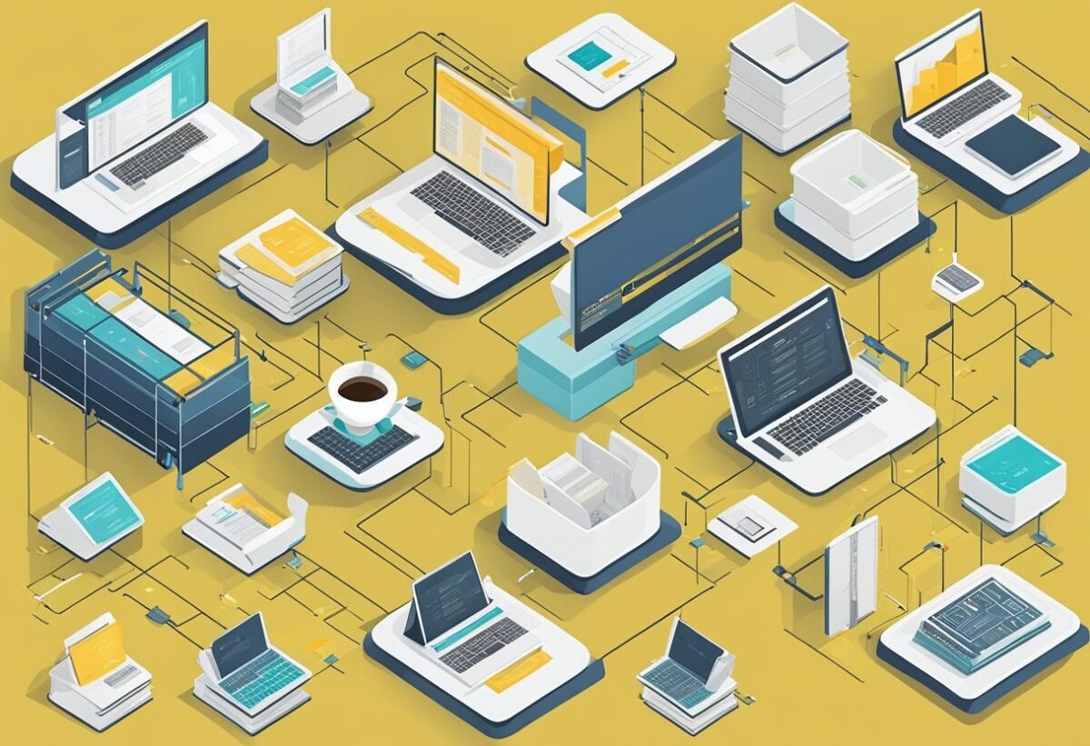A diagram showing tables connected by lines, with labels for primary and foreign keys