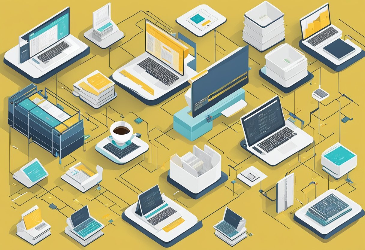 A diagram showing tables connected by lines, with labels for primary and foreign keys
