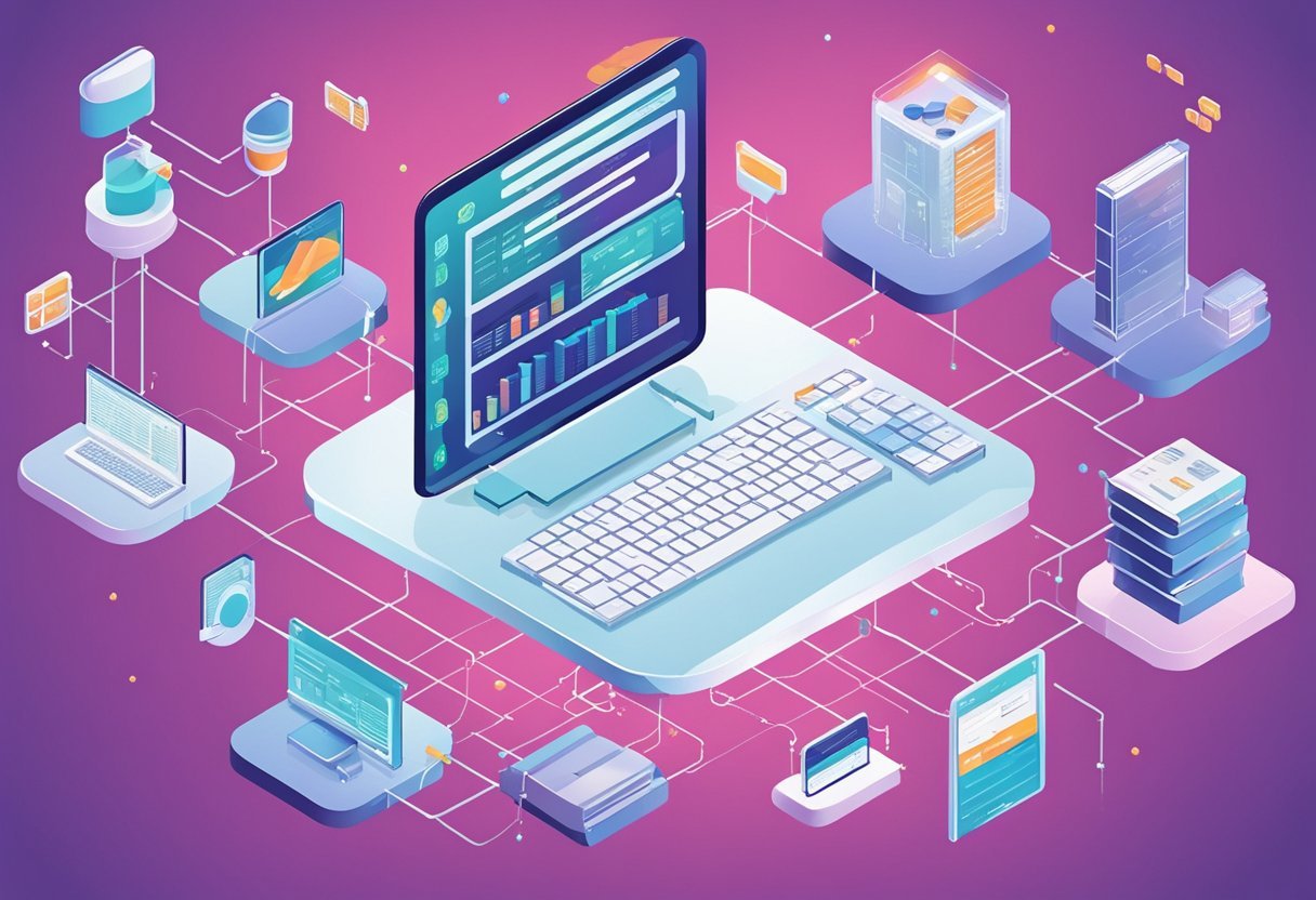 A computer screen displaying a database schema with interconnected tables and data fields, accompanied by a flowchart outlining the process of determining the database's goal