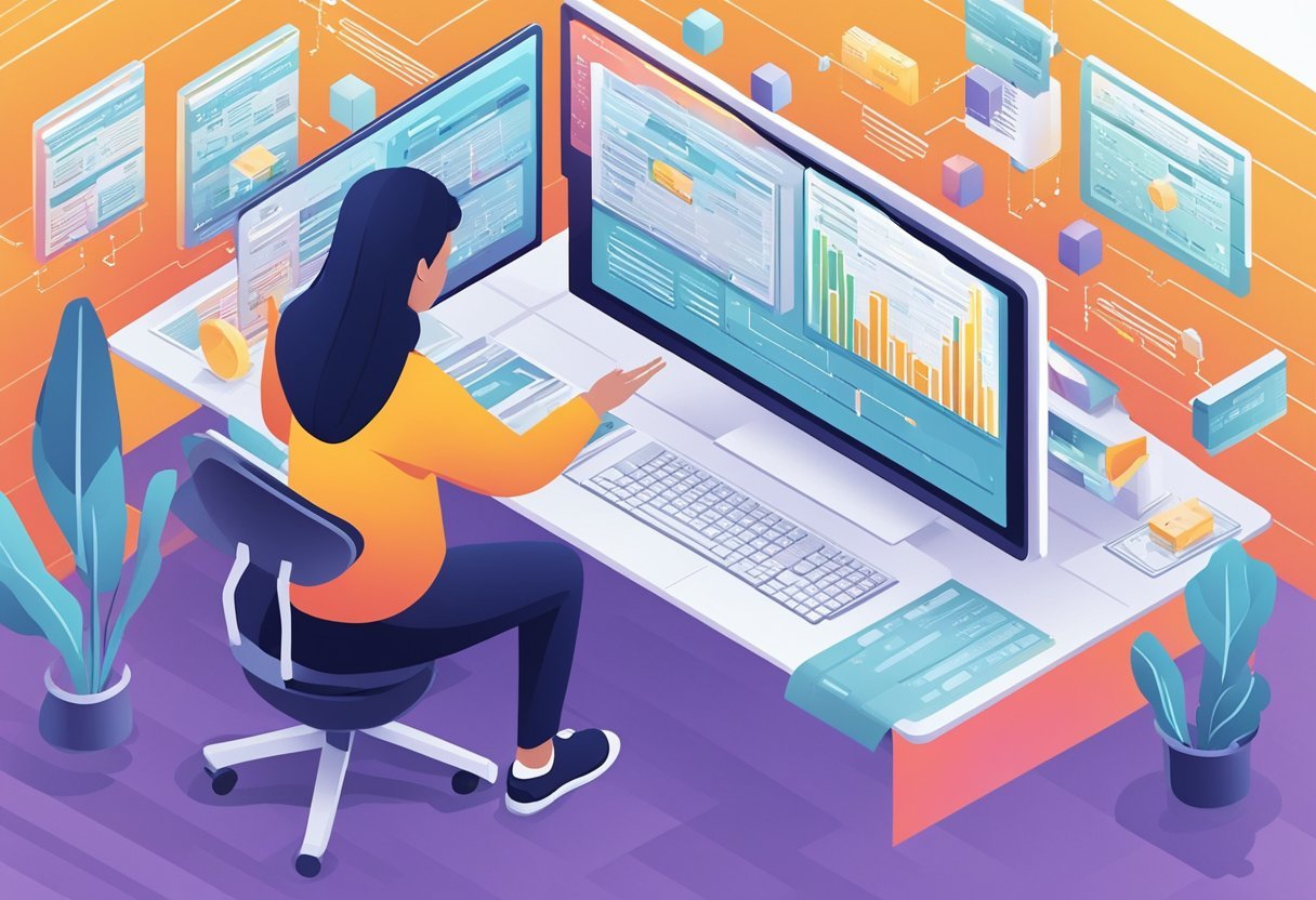 A person analyzing a database schema with SQL queries and data manipulation techniques