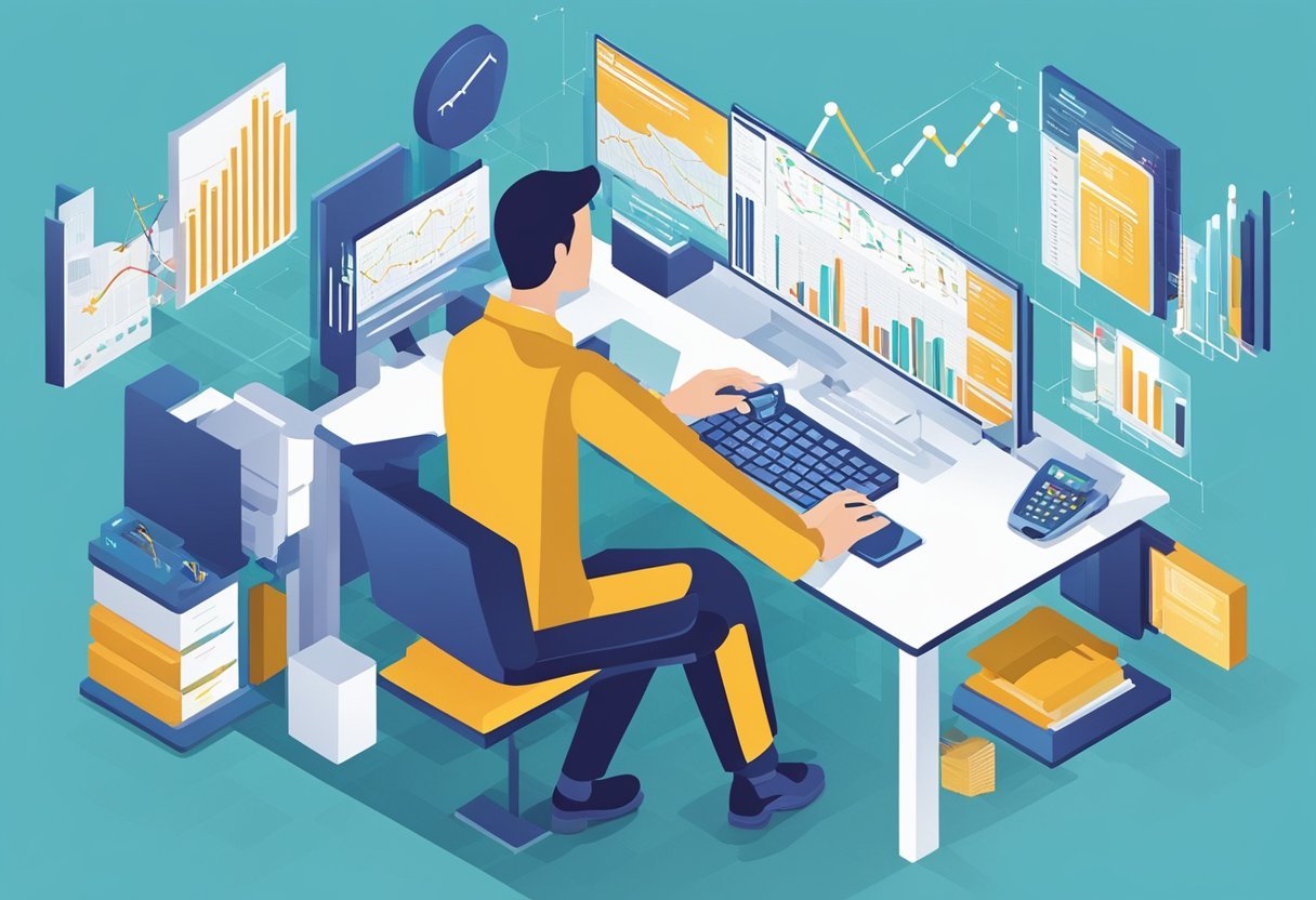 A person analyzing data on a computer, with various charts and graphs displayed on the screen, while referencing a database schema diagram