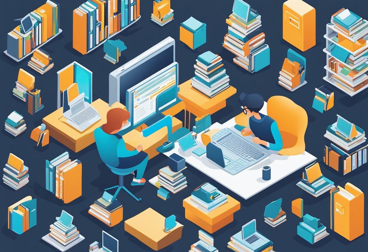 A person researching different types of databases, surrounded by books, computers, and various data storage devices