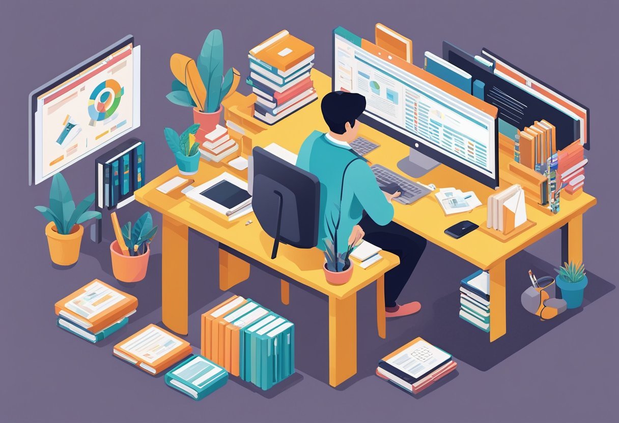 A person at a desk, surrounded by books and computer screens, studying and analyzing data to determine the goal of a database