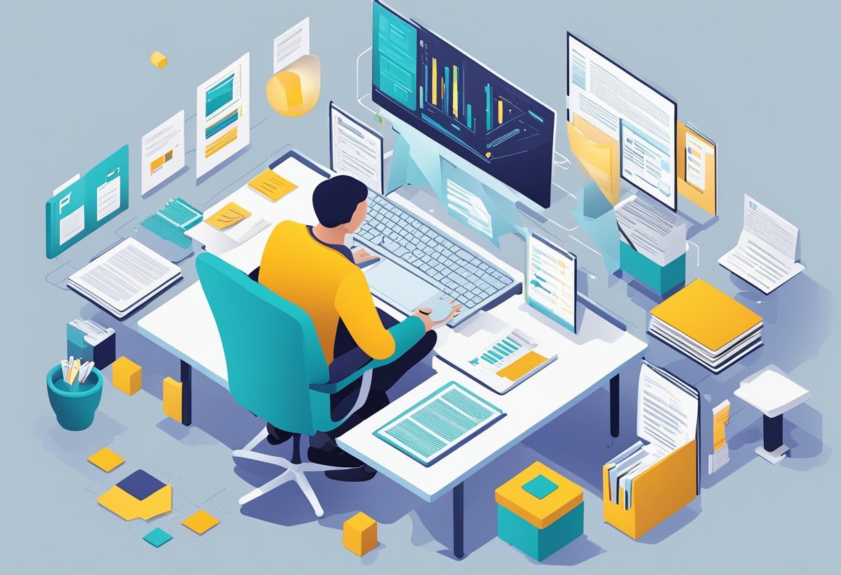 A person at a computer, surrounded by documents and diagrams, capturing evolving requirements for a database