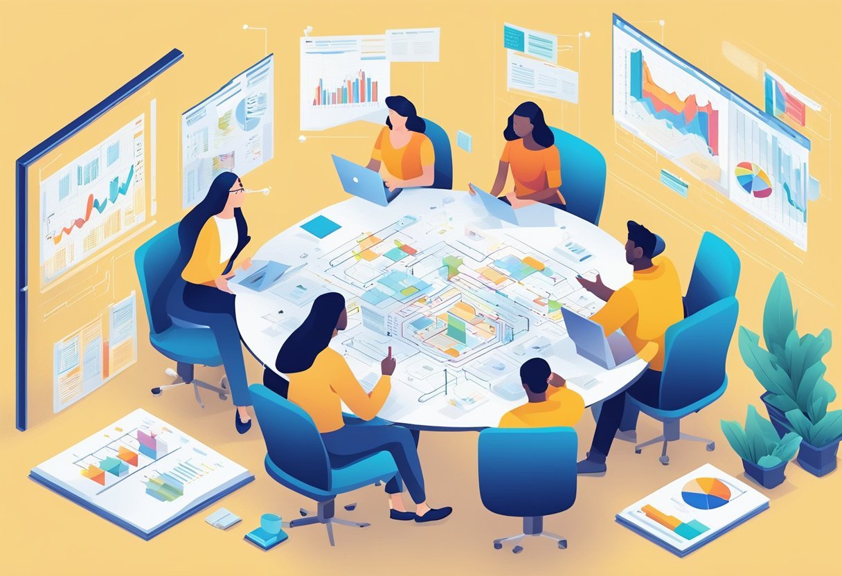 A group of diverse people sit around a table, pointing at a whiteboard filled with diagrams and charts, discussing database requirements