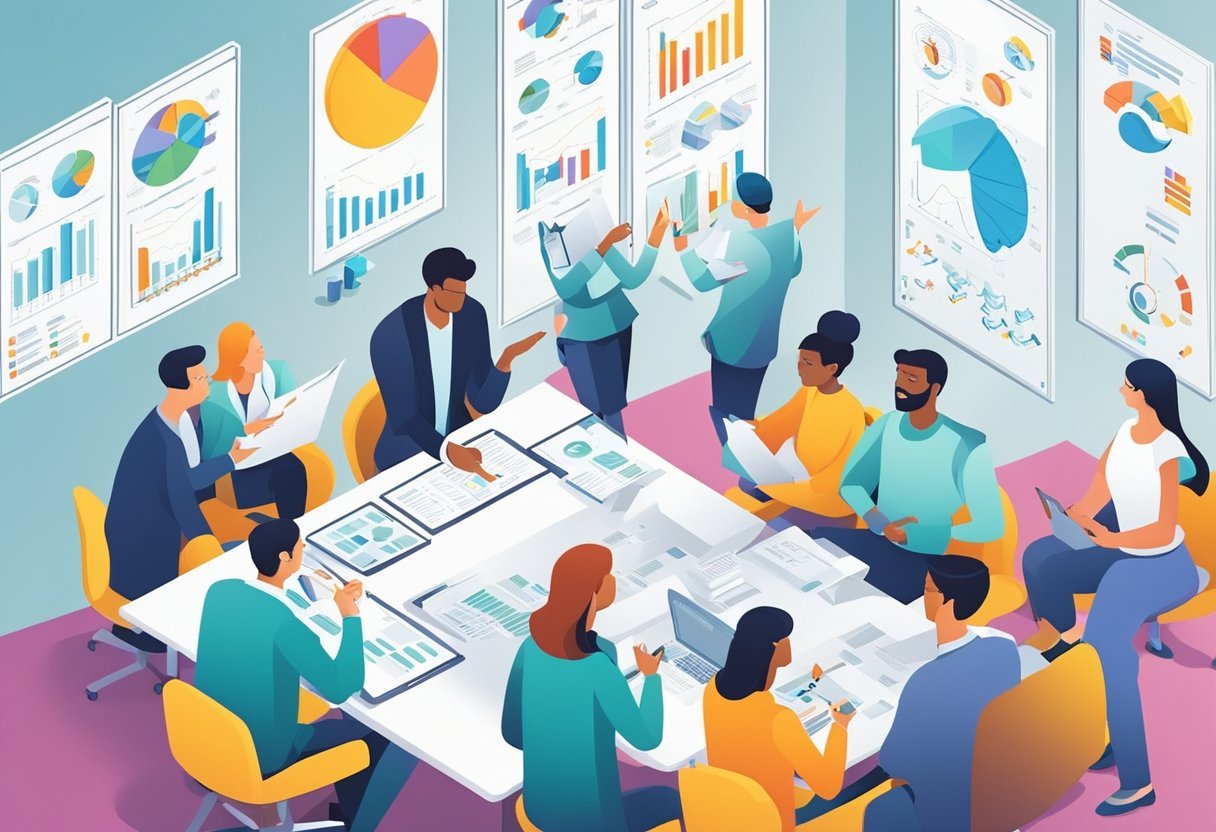 A group of people discussing and brainstorming ideas on a whiteboard, with charts and diagrams related to database requirements displayed around the room