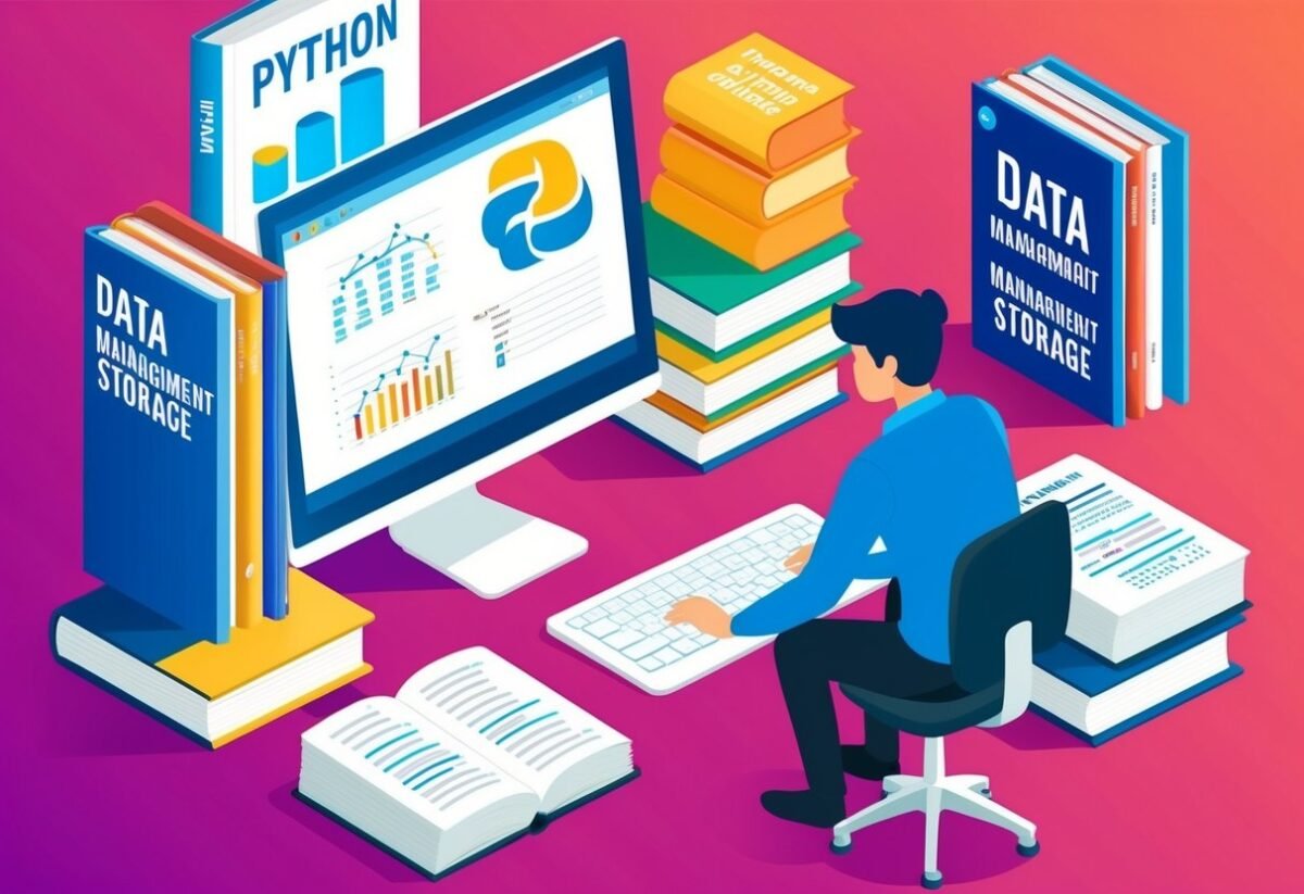 A person working on a computer, surrounded by books on data management and storage, with a Python programming book open on the desk
