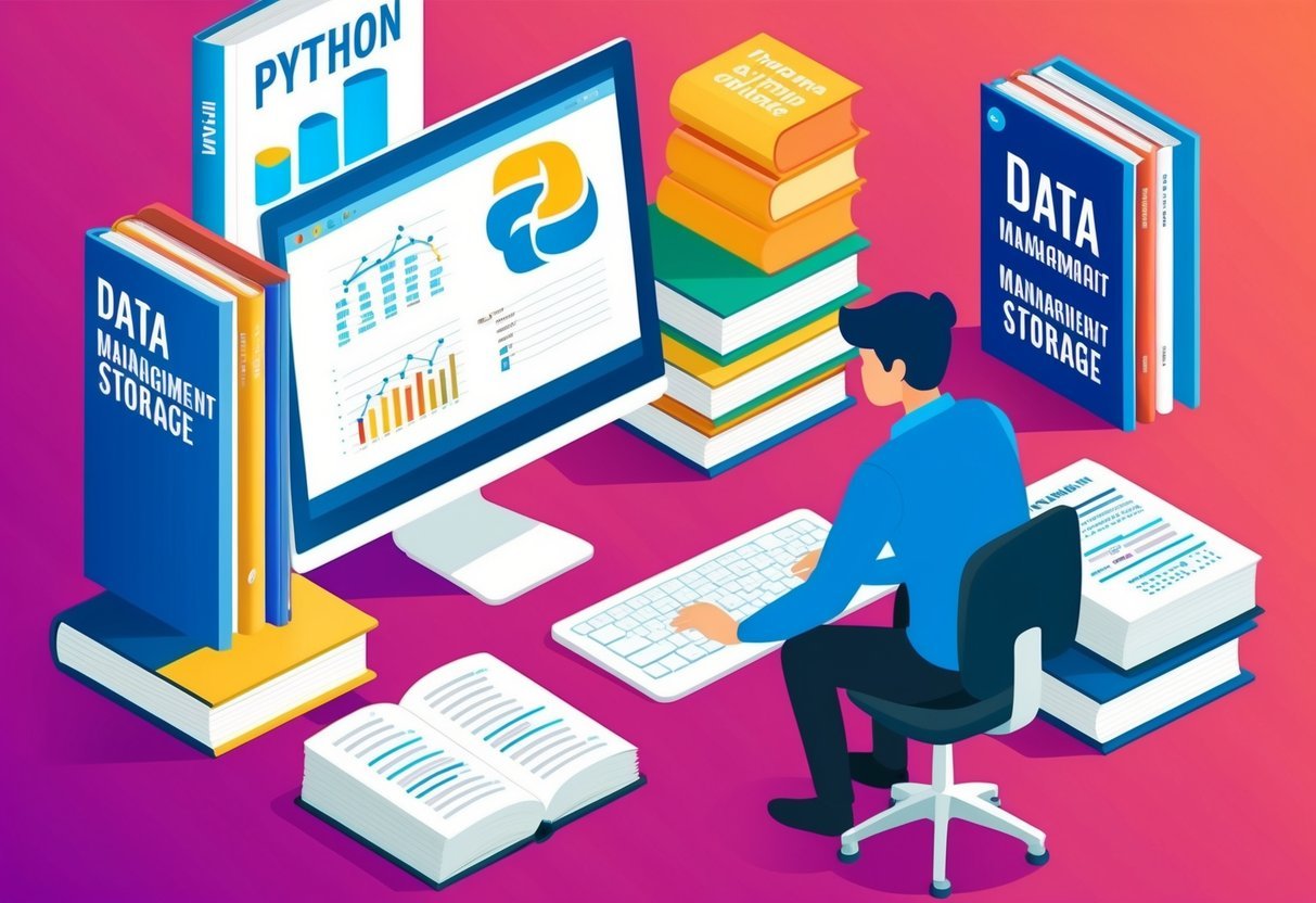 A person working on a computer, surrounded by books on data management and storage, with a Python programming book open on the desk