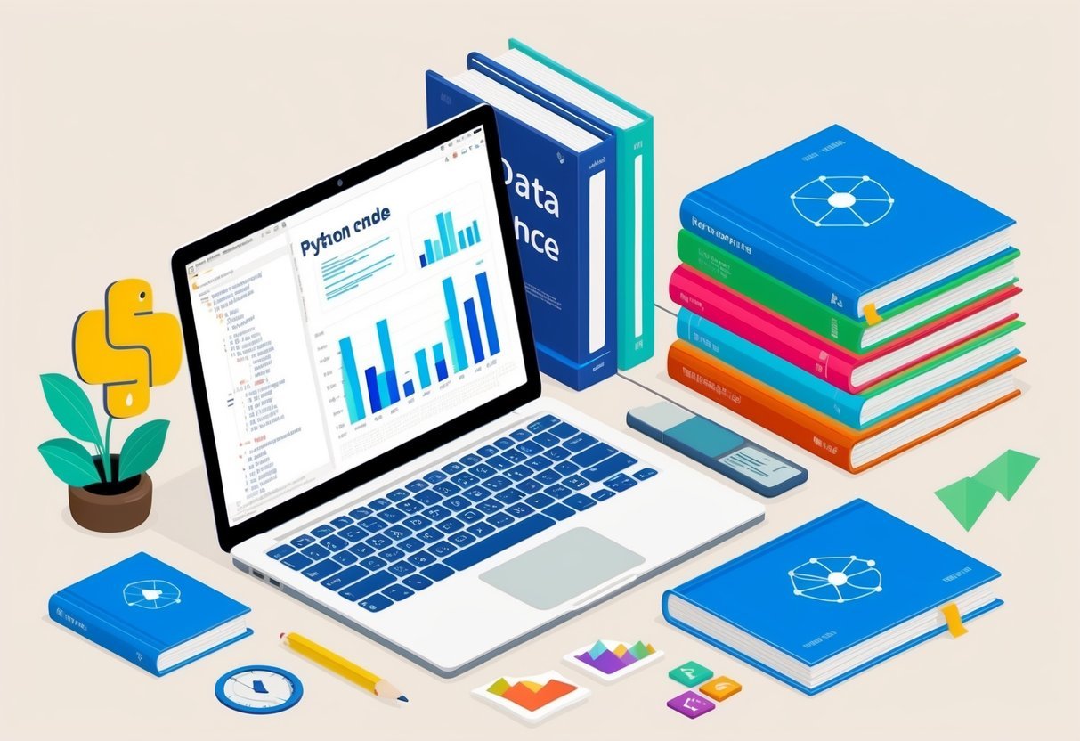 A laptop displaying Python code with graphs and charts on a desk surrounded by books on data science and programming