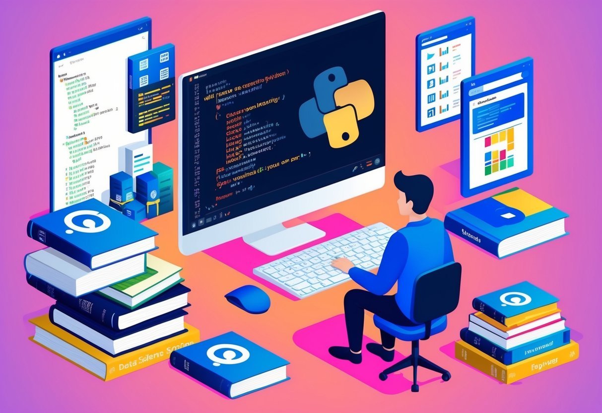 A person using a computer to code in Python, surrounded by books on data science and programming, with various windows open in an IDE